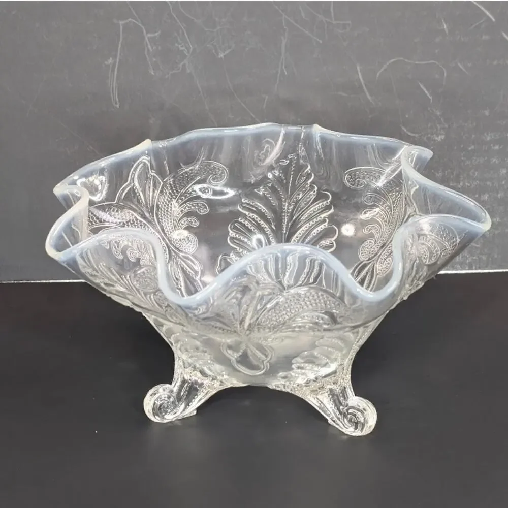 Vintage Dugan Palm & Scroll Pressed Glass Ruffled Footed Bowl